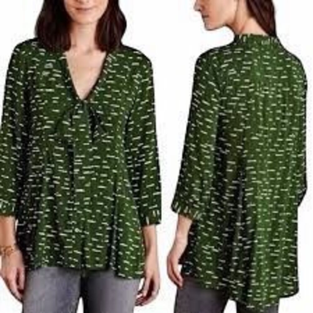 Maeve Women's Button Front Tie Collar 3/4 Sleeve Swing Tunic Blouse Green Small